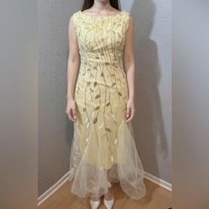 #119 Yellow mermaid-style gold sequin tea-length gown - Small/Size 4